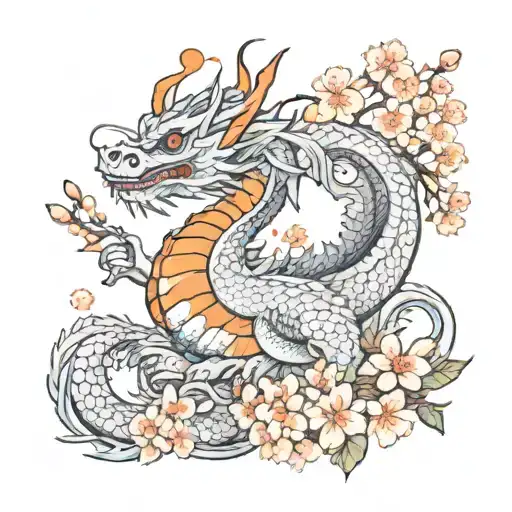 Dragon With Orange Blossoms And Cherry Blossoms
