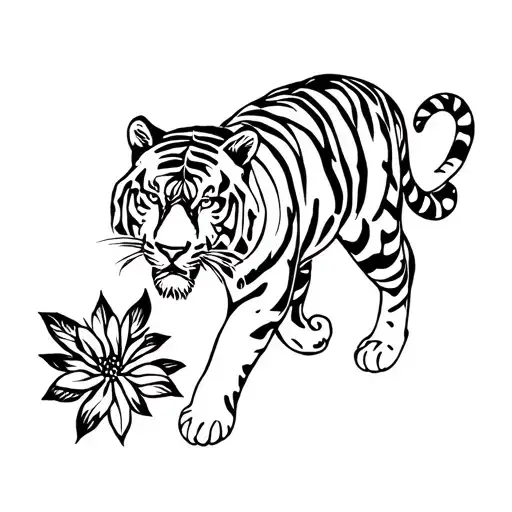 Tiger Walking With A Flower