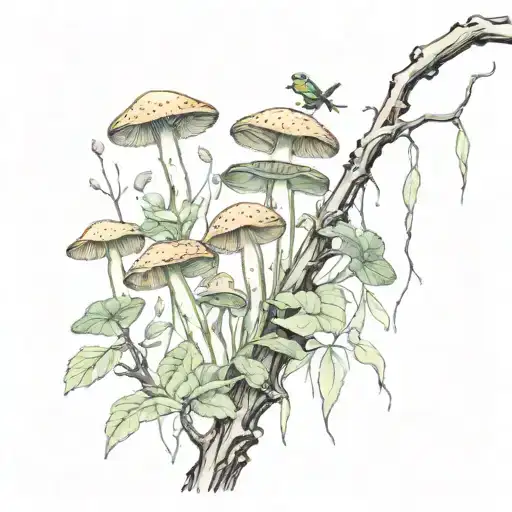 Mushrooms And Beautiful Branches With Frogs