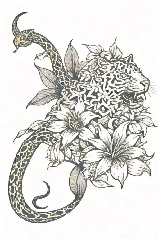 Snake With Tiger Lily Flowers And Sunflower