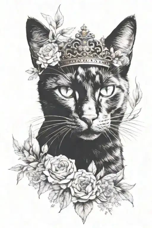 Face Of A Black Cat With Crown And Eucalyptys And Flowers Surrounding
