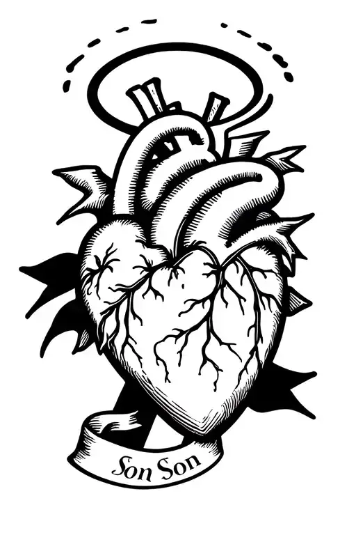 Heart Tattoo With Sash That Says Son With Halo Above The Heart