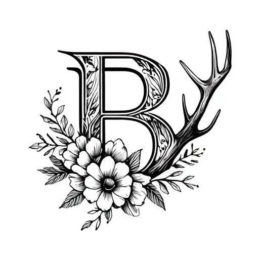 B Initial With Flowers And Antler