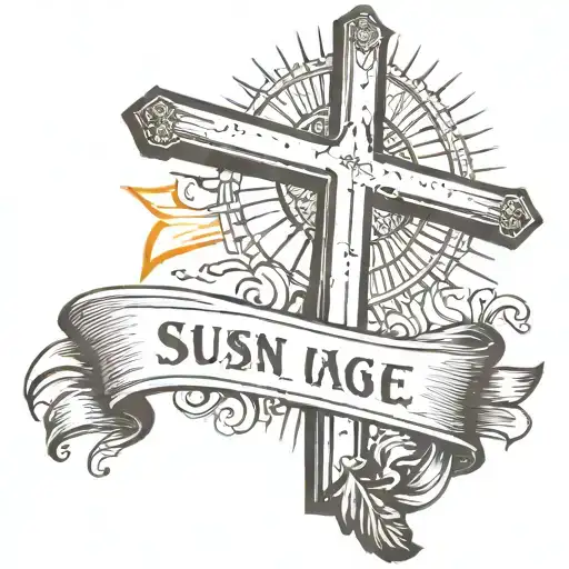Cross With A Banner With Sun Behinde It