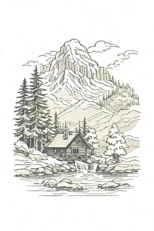 Cabin Beside A Raging River In A Forest Below A Mountain
