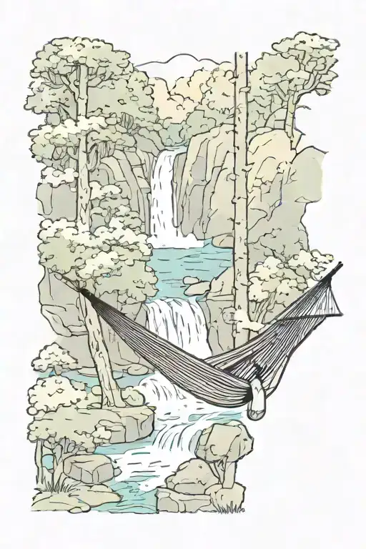 A Hammock In The Woods Beside A Raging River With A Majestic Waterfall