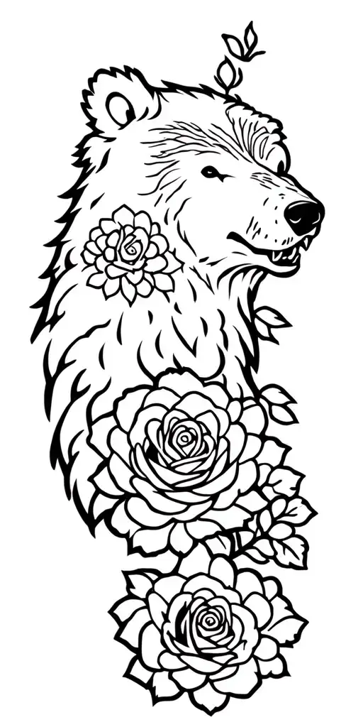 Growling Bear Head Roses Blooming Forest Landscape