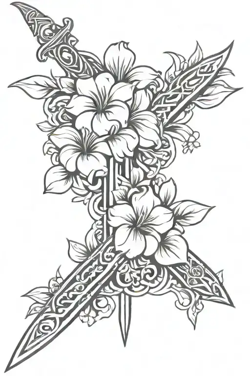 Cool Kampilan Sword And Sampaguita Flower Tattoo Stencil For Arm