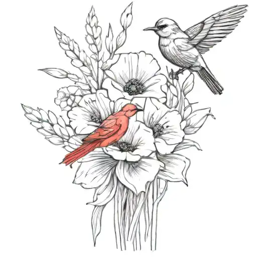 Poppy And Gladiolus With Bow Wrapped Around And Red Bird