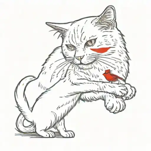 White Cat Reaching A Paw At A Red Cardinal Bird