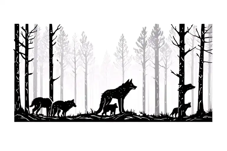 Black Wolves Pack In The Woods