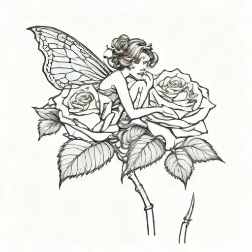 Fairy Leaning On The Stem Of A Rose