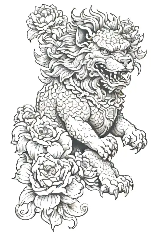 Foo Dog Holding Cub Surrounded By Peonies Flower