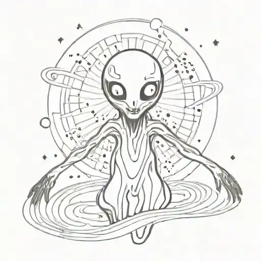A Minimalist Sketch Of A Mysterious Alien Figure Surrounded By Swirling Galaxies And A Radiant Sun