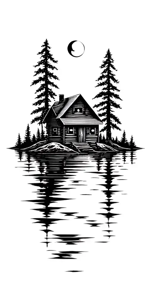 Cabin On A Lake Under A Moon