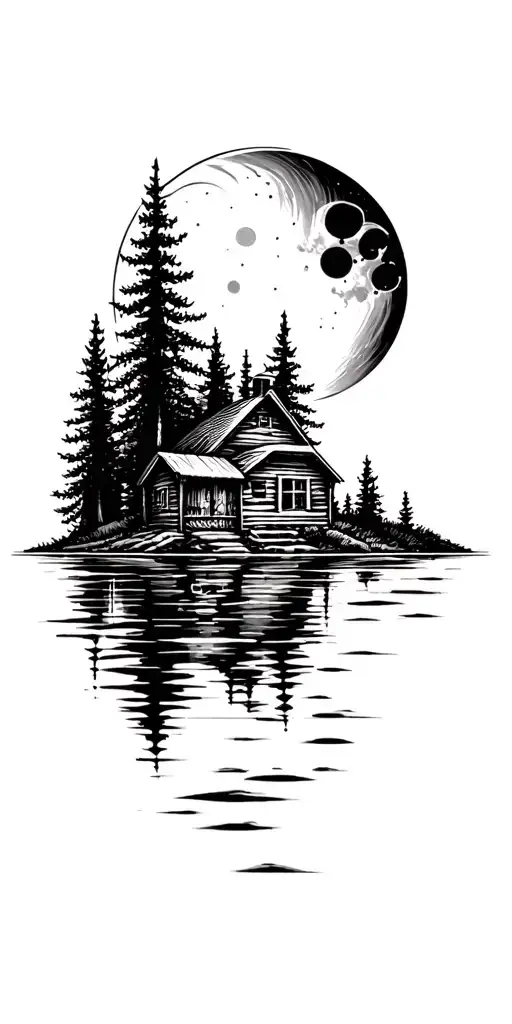 Cabin On A Forest Lake Under A Moon