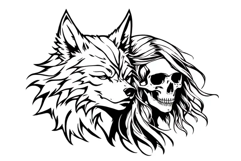 Wolf's Head With A Warrior Woman Head And Death Skull