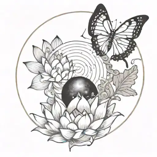 Yin And Yang With A Moth Moon And Lotus