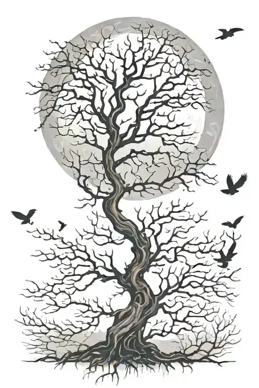 Design A Tattoo Of A Leafless Tree With A Full Moon Behind It And Ravens Flying Around It