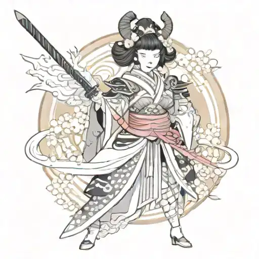 A Traditional Japanese Geisha Transformed Into A Fantasy Warrior With Magical Powers And Armor