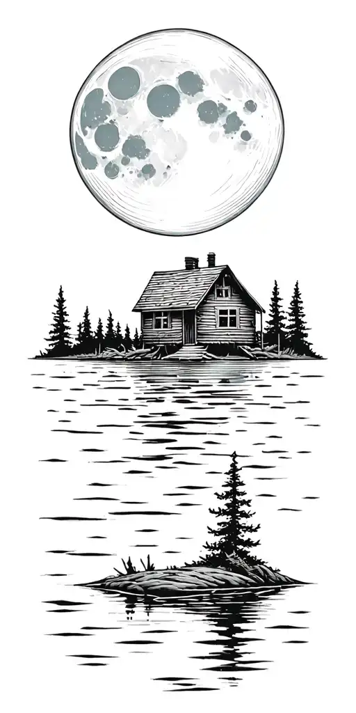 Cabin On A Lake Under A Moon