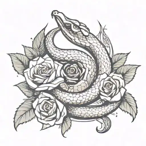 Snake Surrounding Two Roses And A Moon On The Hand With Ornamental Details