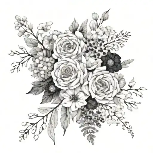 Bouqet Of Mixed Flowers Intertwined Black And White