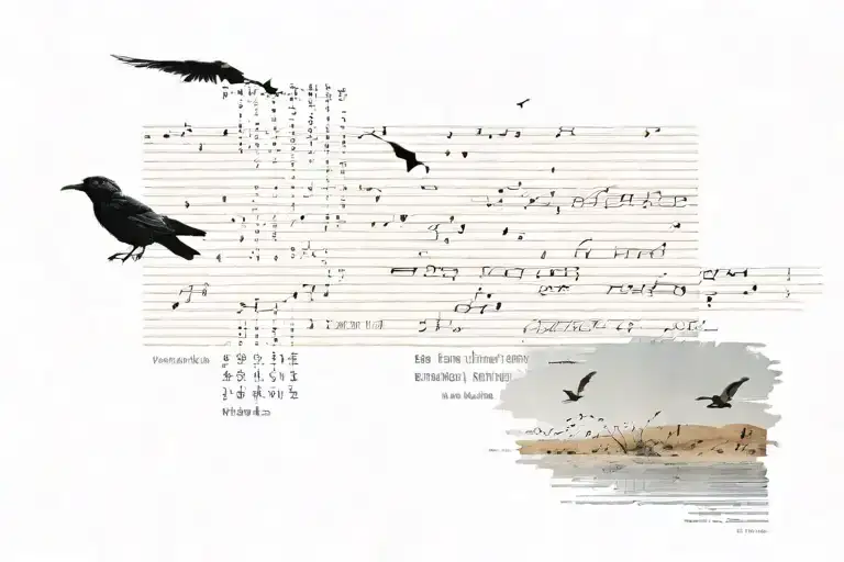 Black Bird Flying In Background And Music Lyrics And Water And Desert Landscape With Water