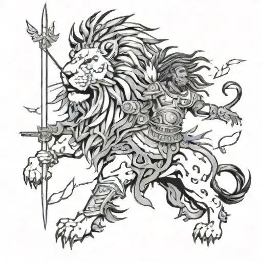 Warrior And Lion With Feathers Surrounding