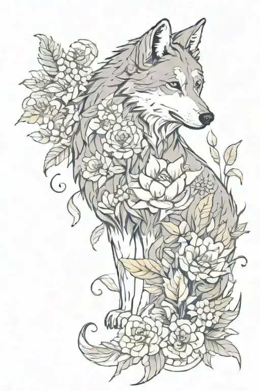 A Wolf And Some Koi Fish Surrounded By Different Types Of Flowers And Pot Leaf