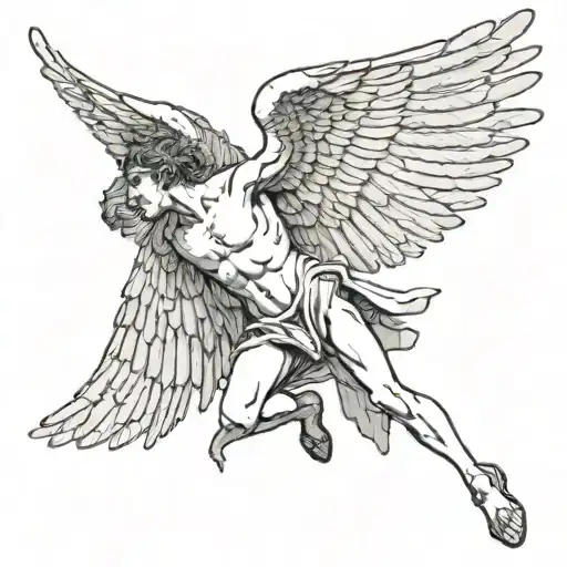 Lower Side Profile Of Icarus Falling From The Sky With His Wings Wide And Melting Off
