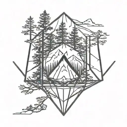 Hollow Black Diamond With Pine Trees And A Mountain Inside