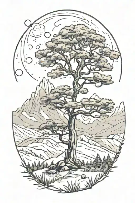 Tree And Moon Surrounded My Mountain Landscape