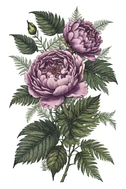 Delicate Peonies With Fern Branches