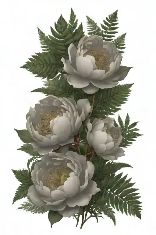 Delicate Peonies With Fern Branches