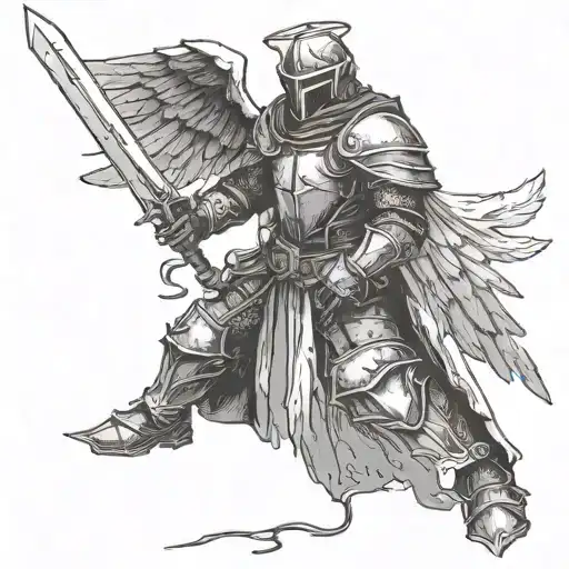 Dark Medival Knight With Worn Angel Wings And Sword Tattoo