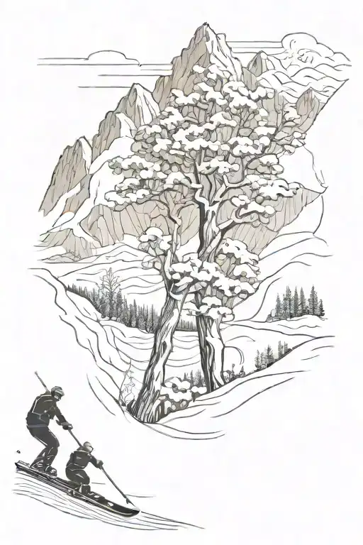 Tree And Mountains And River Flowing And Skier Carving