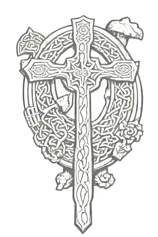 Celtic Cross With With Coal Minors Pick Ax And Scoop Shovel In Back Ground