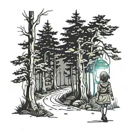 Young Girl Walking Into Dark Forest Carrying Lantern