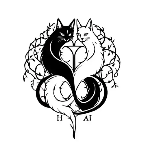 Yggdrasil Tattoo Intertwined With A Black Cat And A White Cat With An H And An A