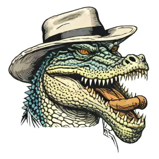 A Portrait Of A Serious Alligator Who Is Wearing A Suit And A Mafia Fedora With A Cigar In His Mouth