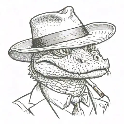 A Portrait Of A Serious Alligator Who Is Wearing A Suit And A Mafia Fedora With A Cigar In His Mouth