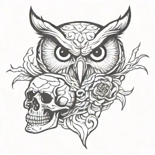 Owl And Human Skull Stencil Tattoo Design