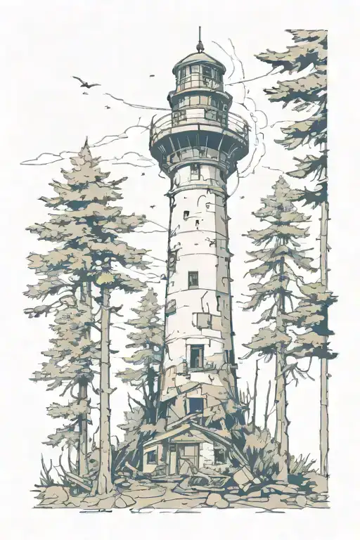 Destroyed Post Apocalypse Lighthouse Surrounded By Tall Trees