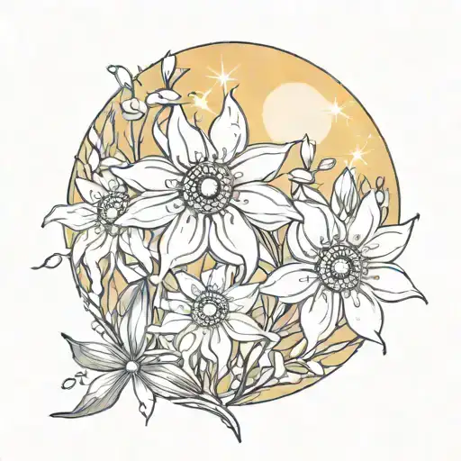 Sun With Cosmo Flowers And Snow Drop Flowers Intertwined