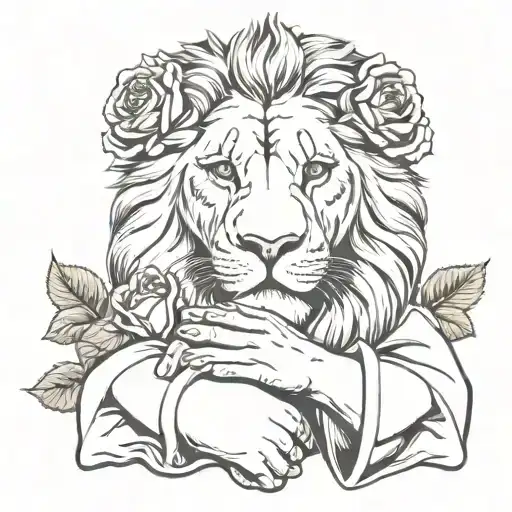 Folded Praying Hands With Roses And A Lion Head