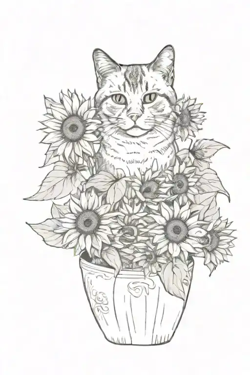 Cat And Sunflowers