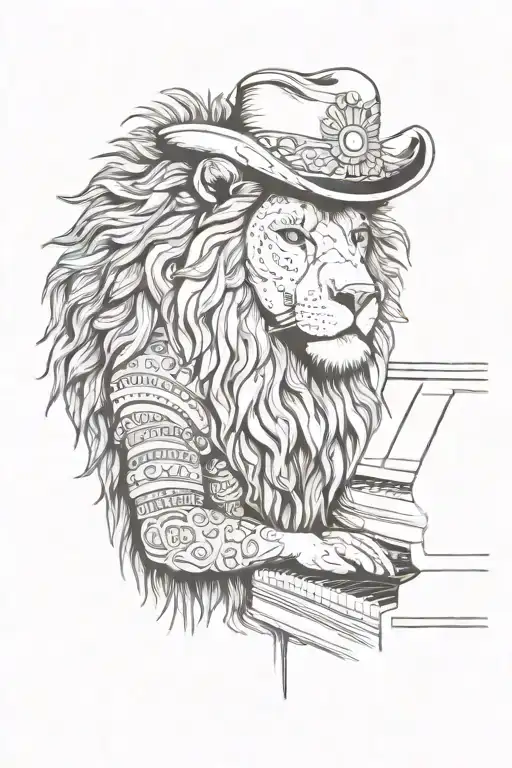 Psychaedelic Lion With Cowboyhat Playing Piano Keys