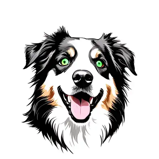Australian Shepherd Dog With Flipped Ears Panting And Smiling Green Eyes