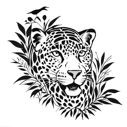 Jaguar In The Forest With Birds And Plants